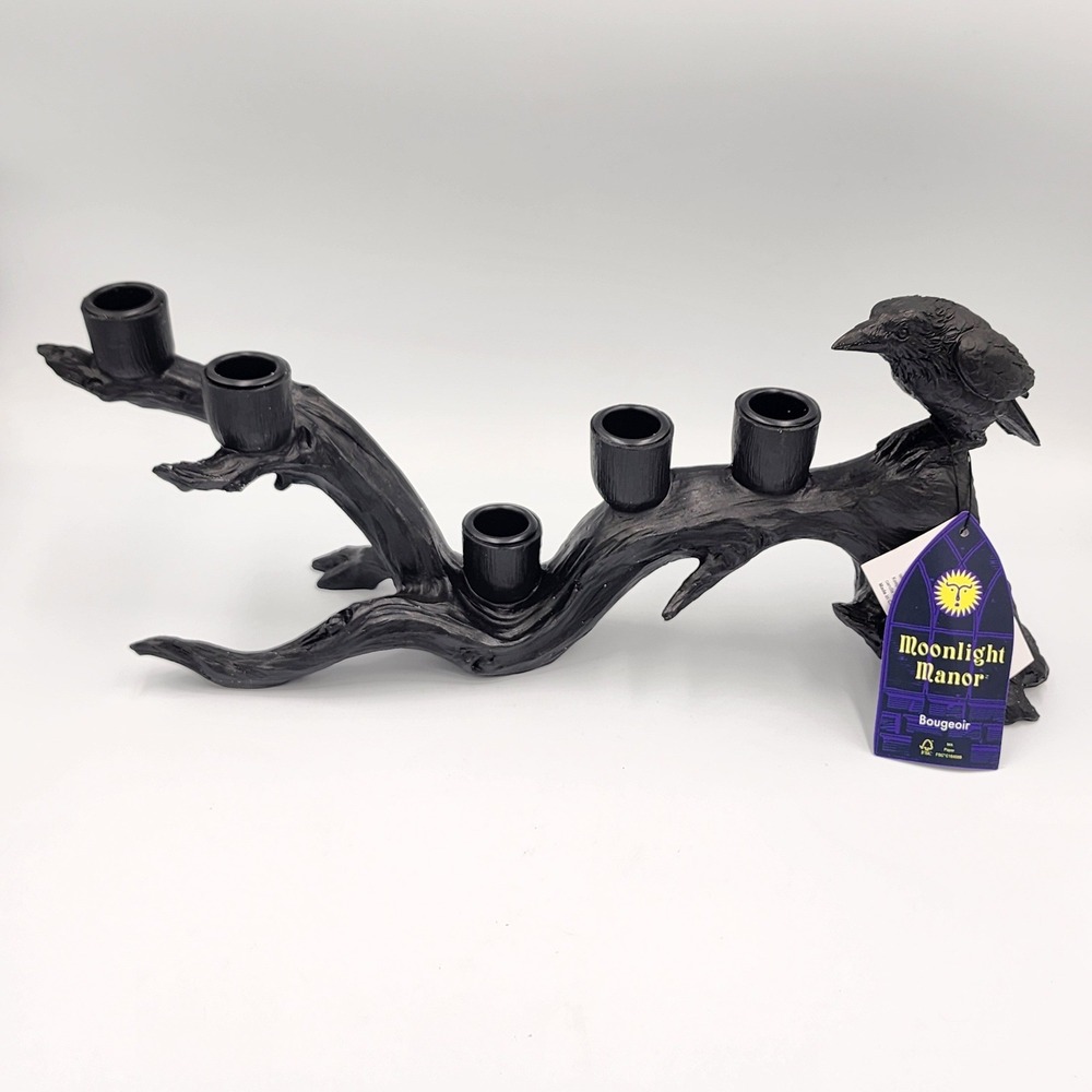 Halloween Raven Candle Holder Black Gothic Crow Branch Candelabra Decor 17" NEW